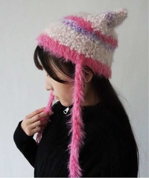 Port(ポート)の「【 antique andico / アンティーク アンディコ 】 シャギー ボーダー 猫耳 ニット 帽子 キャップ #_(ニットキャップ/ビーニー・レディース・ブラウン/ピンク/グレー/ブルー・FREE)」の13枚目の写真