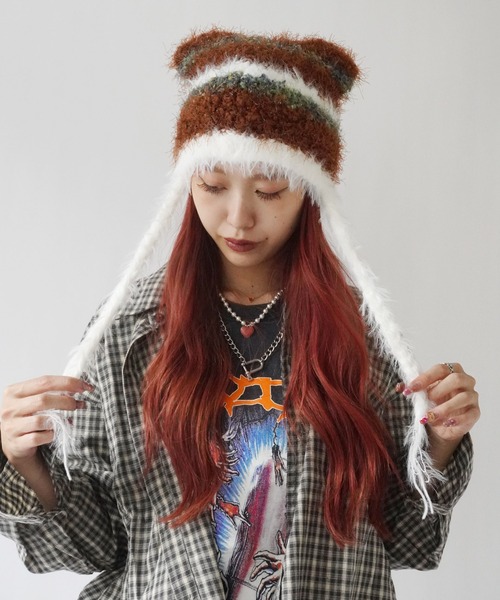 Port(ポート)の「【 antique andico / アンティーク アンディコ 】 シャギー ボーダー 猫耳 ニット 帽子 キャップ #_(ニットキャップ/ビーニー・レディース・ブラウン/ピンク/グレー/ブルー・FREE)」の19枚目の写真