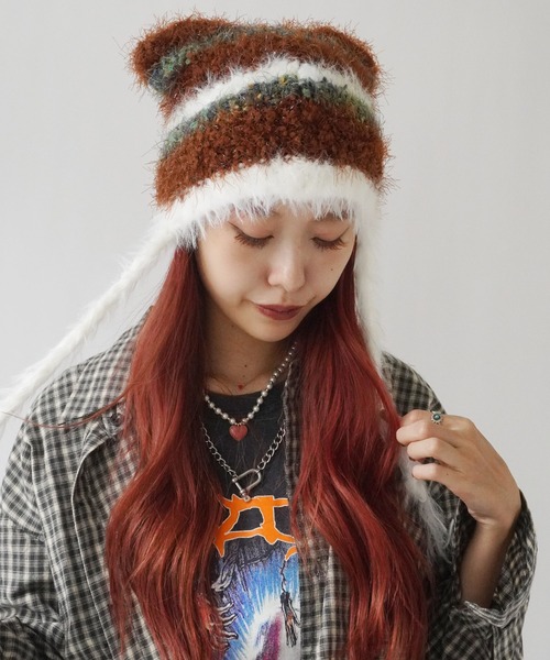 Port(ポート)の「【 antique andico / アンティーク アンディコ 】 シャギー ボーダー 猫耳 ニット 帽子 キャップ #_(ニットキャップ/ビーニー・レディース・ブラウン/ピンク/グレー/ブルー・FREE)」の20枚目の写真