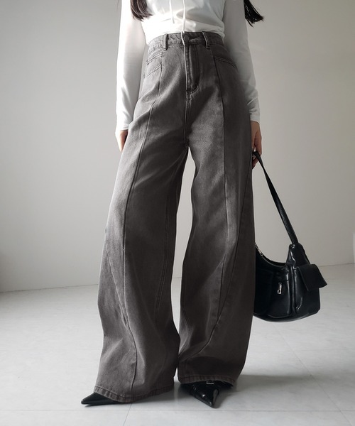 me+em select（ミームセレクト）の「※※【 ３color ／ ４size 】切替パターンハイウエストワイドストレートデニム ／ kirikae pattern highwaist wide straight denim（デニムパンツ・レディース・ダークブルー/ブルー/ブラック・X-LARGE/LARGE/MEDIUM/SMALL）」の5枚目の写真