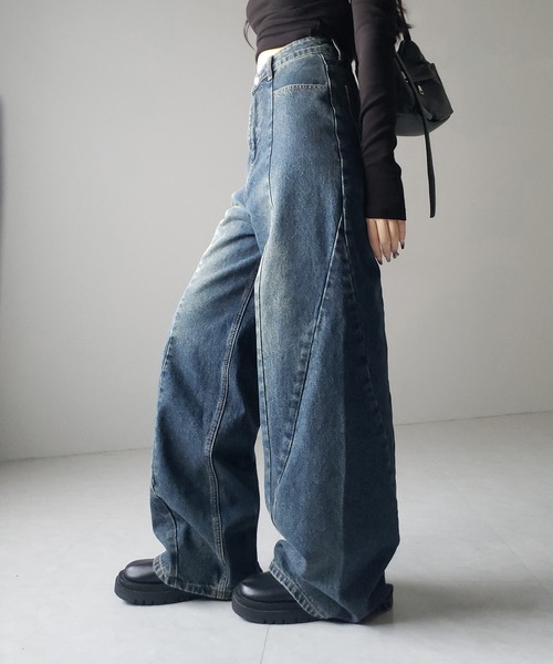 3color ／ 4size 】切替パターンハイウエストワイドストレートデニム