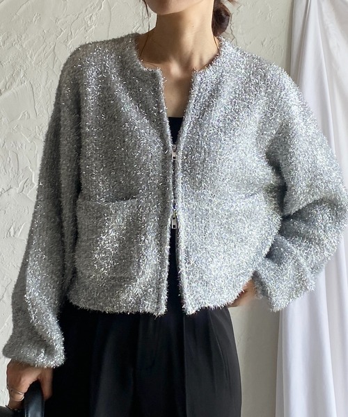 She's Closet(シーズクローゼット)の「長袖ショート丈ダブルジップアップラメシャギーニットカーディガン(カーディガン/ボレロ・レディース・チャコール/シルバー/アイボリー/ブラック・FREE)」の4枚目の写真