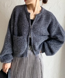 長袖ショート丈ダブルジップアップラメシャギーニットカーディガン
