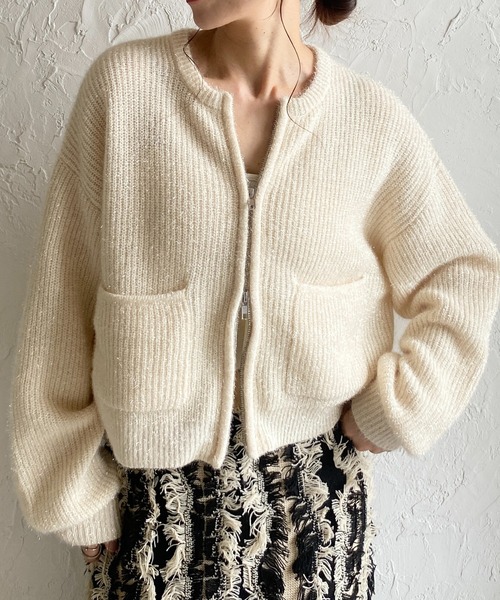 長袖ショート丈ダブルジップアップラメシャギーニットカーディガン