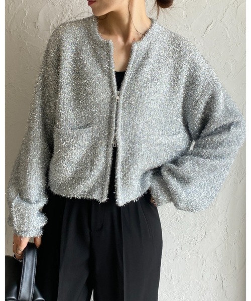She's Closet(シーズクローゼット)の「長袖ショート丈ダブルジップアップラメシャギーニットカーディガン(カーディガン/ボレロ・レディース・チャコール/シルバー/アイボリー/ブラック・FREE)」の6枚目の写真