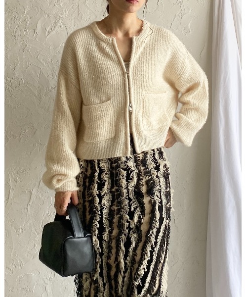 長袖ショート丈ダブルジップアップラメシャギーニットカーディガン