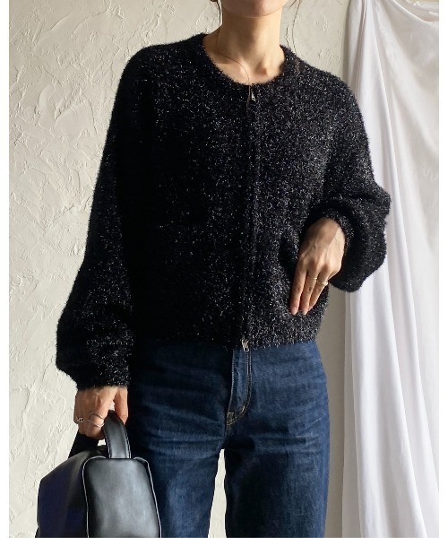 She's Closet(シーズクローゼット)の「長袖ショート丈ダブルジップアップラメシャギーニットカーディガン(カーディガン/ボレロ・レディース・チャコール/シルバー/アイボリー/ブラック・FREE)」の5枚目の写真