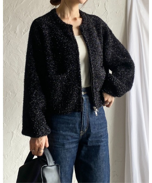 カーディガン 長袖ショート丈ダブルジップアップラメシャギーニットカーディガン レディース She's Closet カーディガン 長袖ショート丈ダブルジップアップ