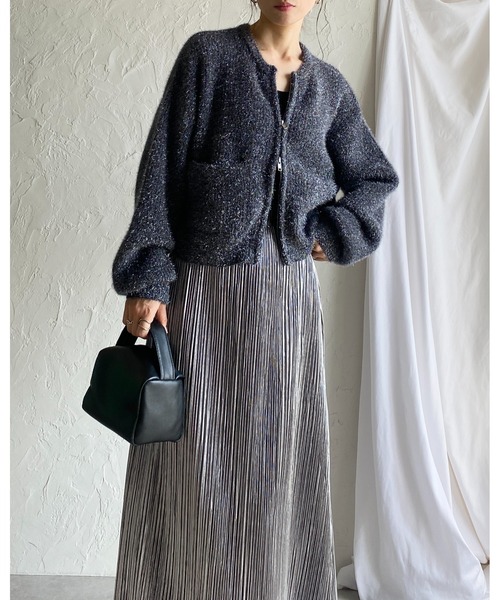 長袖ショート丈ダブルジップアップラメシャギーニット