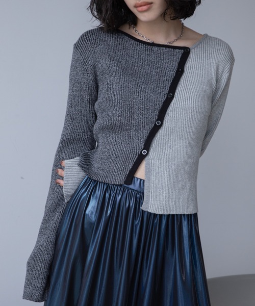 VACANCY（ヴァカンシー）の「アシンメトリーMIX配色リブニットカーディガン/新色追加（カーディガン/ボレロ・レディース・ブルー/ブラック/オレンジ/グリーン・FREE）」の6枚目の写真