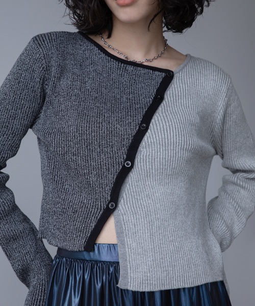 VACANCY（ヴァカンシー）の「アシンメトリーMIX配色リブニットカーディガン/新色追加（カーディガン/ボレロ・レディース・ブルー/ブラック/オレンジ/グリーン・FREE）」の8枚目の写真