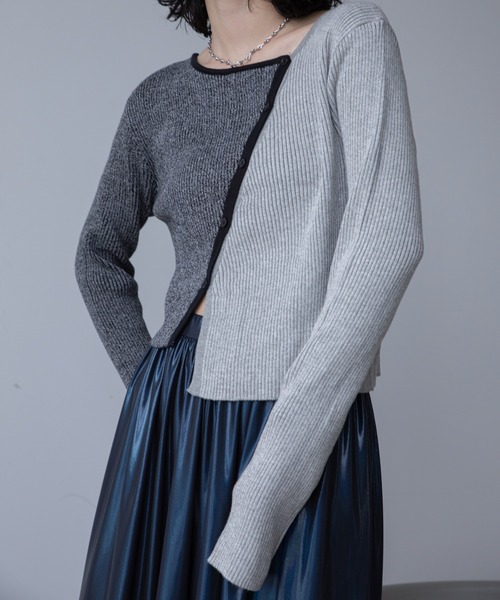 VACANCY（ヴァカンシー）の「アシンメトリーMIX配色リブニットカーディガン/新色追加（カーディガン/ボレロ・レディース・ブルー/ブラック/オレンジ/グリーン・FREE）」の5枚目の写真
