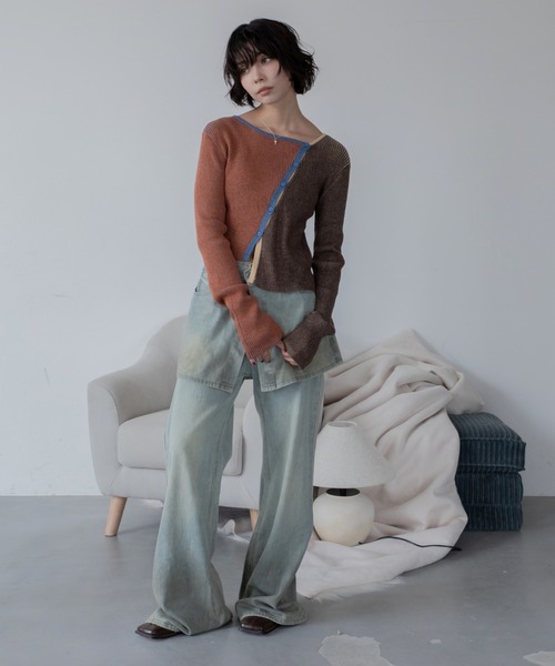 美品 サカイ 近年モデル カーディガン 異素材 アシンメトリー レース 貝ボタン Cookie Chocolate / バテンレースアシンメトリーカーディガン11-124934