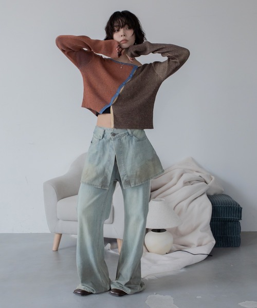 セール】アシンメトリーMIX配色リブニットカーディガン/新色追加