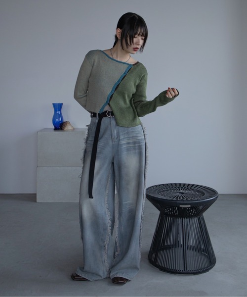 アシンメトリーMIX配色リブニットカーディガン/新色追加（カーディガン