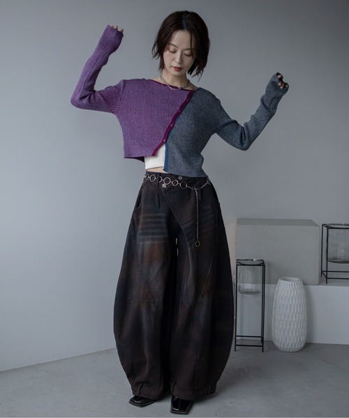 アシンメトリーMIX配色リブニットカーディガン/新色追加（カーディガン