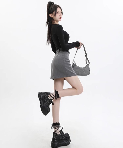 WEGO（ウィゴー）の「WEGO/韓国インナーパンツ、ベルト付きミニタイトスカート（スカート・レディース・グレー/ブラック・MEDIUM/LARGE）」の4枚目の写真