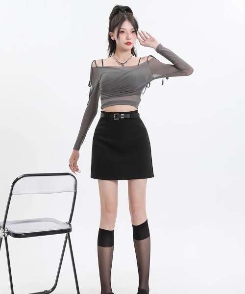 WEGO（ウィゴー）の「WEGO/韓国インナーパンツ、ベルト付きミニタイトスカート（スカート・レディース・グレー/ブラック・MEDIUM/LARGE）」の12枚目の写真