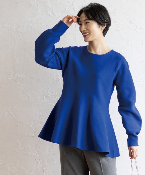 OPAQUE.CLIP(オペークドットクリップ)の「◆《5color》シームレスペプラムニット【洗濯機洗い可】(ニット/セーター・レディース・レッド系1/ブルー系その他7/オフホワイト/ネイビー/ブラック・42/38/40)」の4枚目の写真