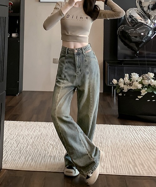 Miniministore（ミニミニストア）の「ヴィンテージ風ワイドデニムパンツ美脚（デニムパンツ・レディース・ブルー・M/XL/S/L）」の4枚目の写真