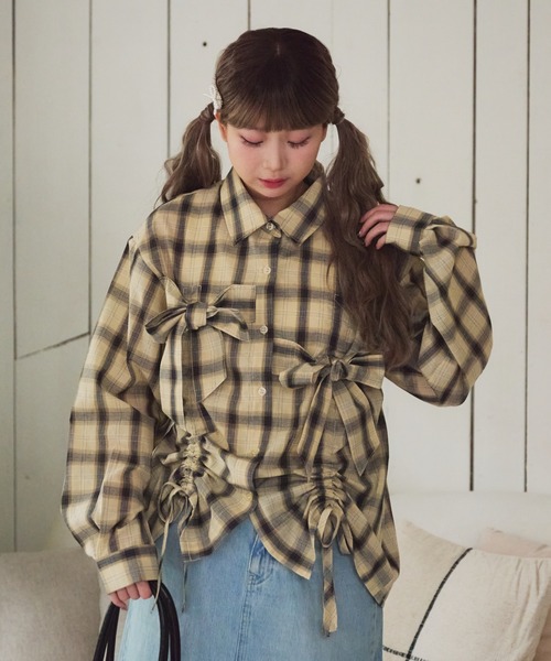 kutir（クティール）の「【kutir 7th anniversary】アソートチェックドロストリボンシャツ（シャツ/ブラウス・レディース・ボルドー/ネイビー/ベージュ・FREE）」の2枚目の写真