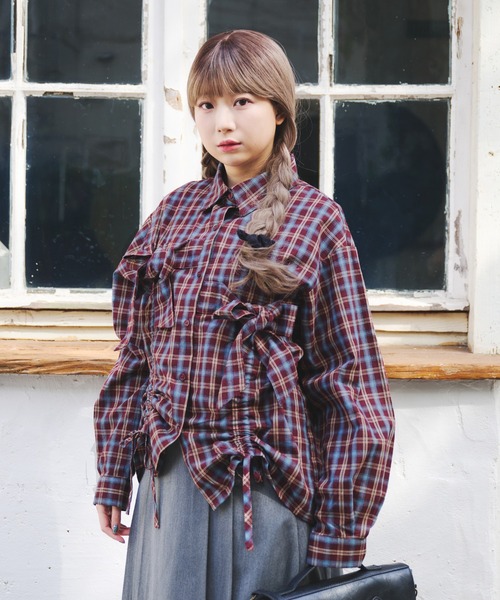 kutir（クティール）の「【kutir 7th anniversary】アソートチェックドロストリボンシャツ（シャツ/ブラウス・レディース・ボルドー/ネイビー/ベージュ・FREE）」の3枚目の写真