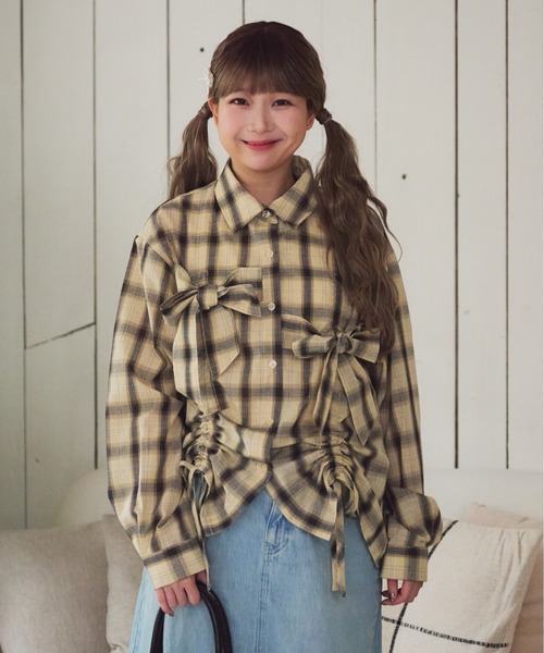 kutir（クティール）の「【kutir 7th anniversary】アソートチェックドロストリボンシャツ（シャツ/ブラウス・レディース・ボルドー/ネイビー/ベージュ・FREE）」の4枚目の写真