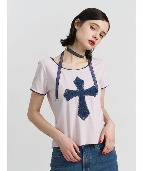00s Ozz Croce ドッキングレースカットソー クロス 十字架 リボン セール】クロスレースドッキングTシャツ（Tシャツ/カットソー