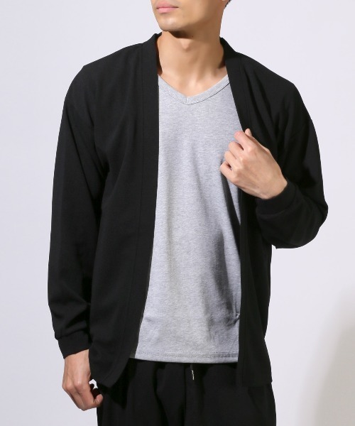 LUXSTYLE（ラグスタイル）の「梨地ノーカラーカーディガン（カーディガン/ボレロ・メンズ・ブルー/グレー/ブラック・XL/L/M）」の2枚目の写真