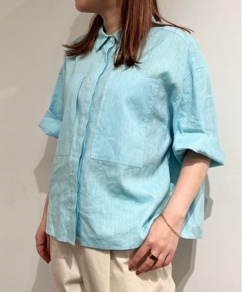 美品♪MHL. コットンリネン　ハーフスリーブシャツ　バンドカラー　2023SS 美品♪MHL. コットンリネン ハーフスリーブシャツ バンドカラー