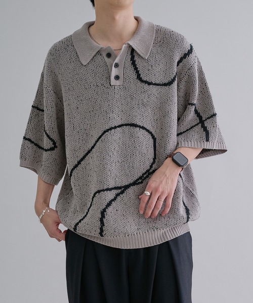 epnok（エプノック）の「ウェーブラインニットポロシャツ（ポロシャツ・メンズ・ダークブルー/グレイッシュベージュ/ベージュ/ダークブラック/アッシュグレー・SMALL/MEDIUM/LARGE）」の4枚目の写真