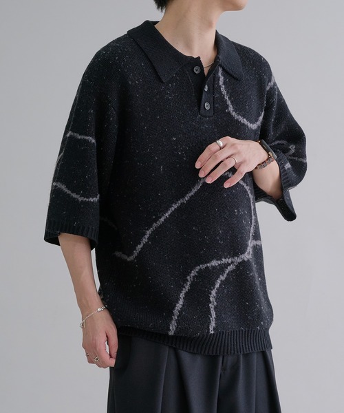 epnok（エプノック）の「ウェーブラインニットポロシャツ（ポロシャツ・メンズ・ダークブルー/グレイッシュベージュ/ベージュ/ダークブラック/アッシュグレー・SMALL/MEDIUM/LARGE）」の14枚目の写真