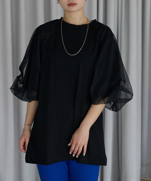 シャインバルーンスリーブTee チュールバルーンスリーブ Tシャツ（Tシャツ/カットソー）｜r