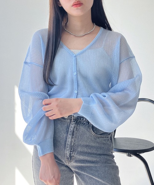 AS KNOW AS plus（アズノゥアズプラス）の「●きらりラメデザイン リブシアーVネックカーディガン（カーディガン/ボレロ・レディース・ピンク/サックスブルー/オフホワイト・FREE）」の3枚目の写真