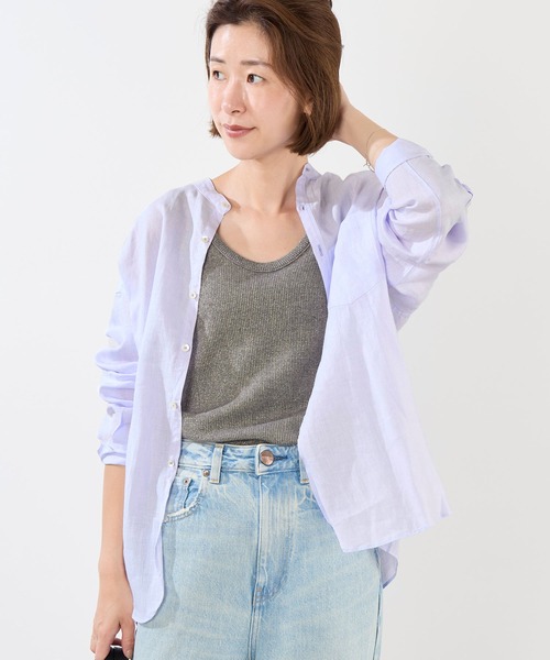 美品＊TICCAティッカ コットンリネンバンドカラーシャツ F ブルー 日本製 F 日本製 コットンリネンバンドカラーシャツ TICCA ティッカ シャツ