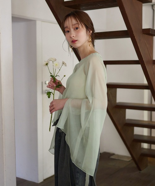 mideal（マイディール）の「2way sheer flare sleeves ribbon tops / 2wayシアーフレアスリーブリボントップス（シャツ/ブラウス・レディース・アイボリー/ブルーグレー/ミント/ピンク・FREE）」の3枚目の写真