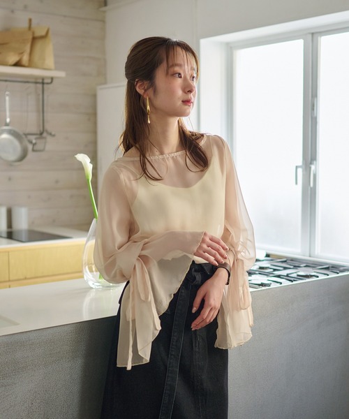 mideal（マイディール）の「2way sheer flare sleeves ribbon tops / 2wayシアーフレアスリーブリボントップス（シャツ/ブラウス・レディース・アイボリー/ブルーグレー/ミント/ピンク・FREE）」の5枚目の写真
