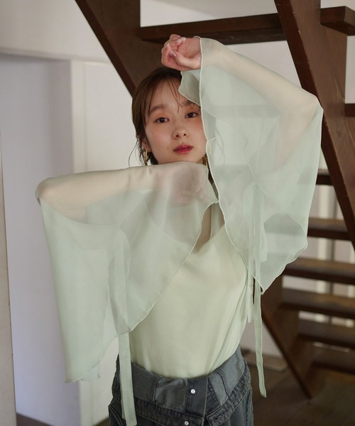 セール】2way sheer flare sleeves ribbon tops / 2wayシアー