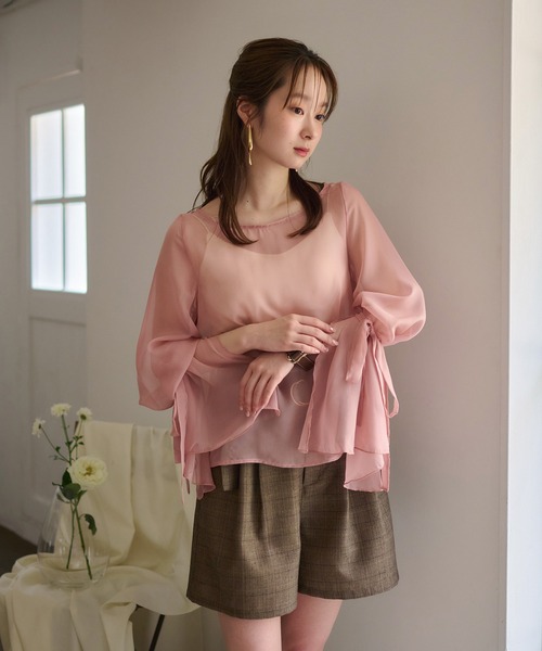 セール】2way sheer flare sleeves ribbon tops / 2wayシアー