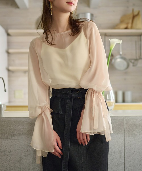 セール】2way sheer flare sleeves ribbon tops / 2wayシアーフレア