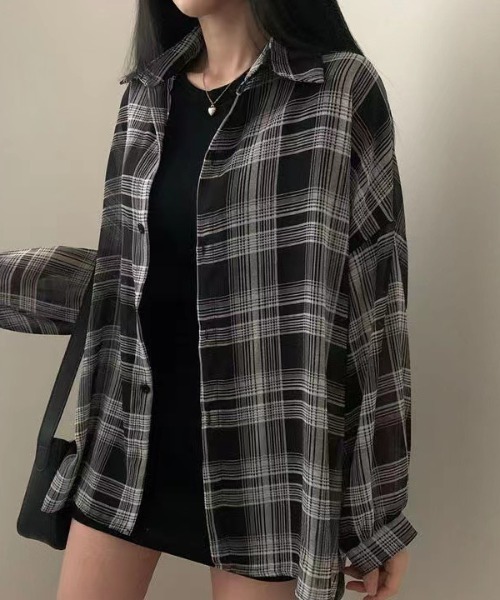 yuue' ( wear )(ユーイ)の「チェック柄ルーズシアーシャツ(シャツ/ブラウス・レディース・レッド/ホワイト/ブラック/ベージュ・FREE)」の17枚目の写真