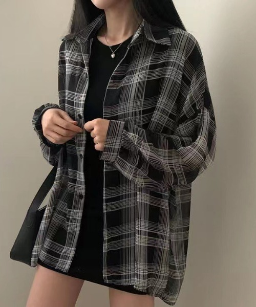 yuue' ( wear )(ユーイ)の「チェック柄ルーズシアーシャツ(シャツ/ブラウス・レディース・レッド/ホワイト/ブラック/ベージュ・FREE)」の19枚目の写真