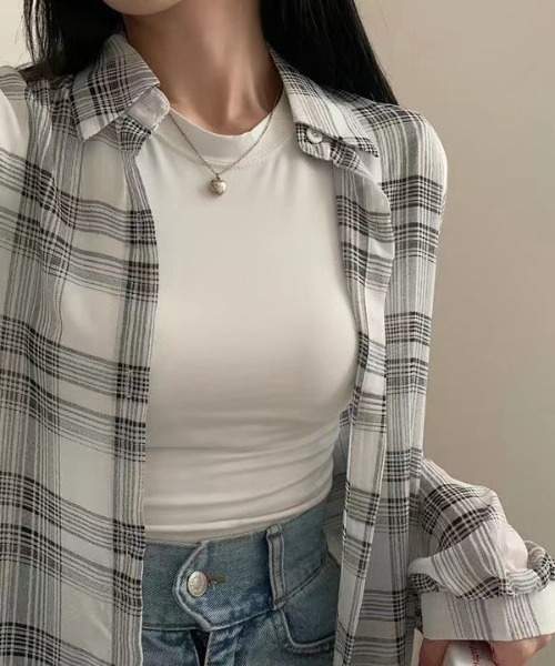 yuue' ( wear )(ユーイ)の「チェック柄ルーズシアーシャツ(シャツ/ブラウス・レディース・レッド/ホワイト/ブラック/ベージュ・FREE)」の21枚目の写真