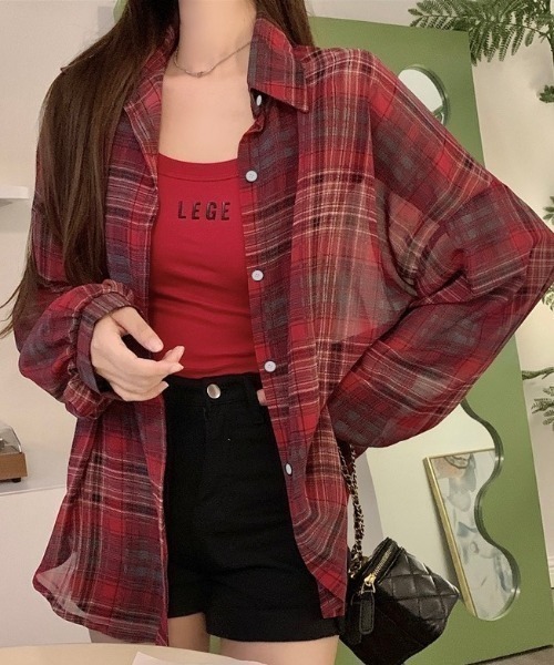 yuue' ( wear )(ユーイ)の「チェック柄ルーズシアーシャツ(シャツ/ブラウス・レディース・レッド/ホワイト/ブラック/ベージュ・FREE)」の7枚目の写真