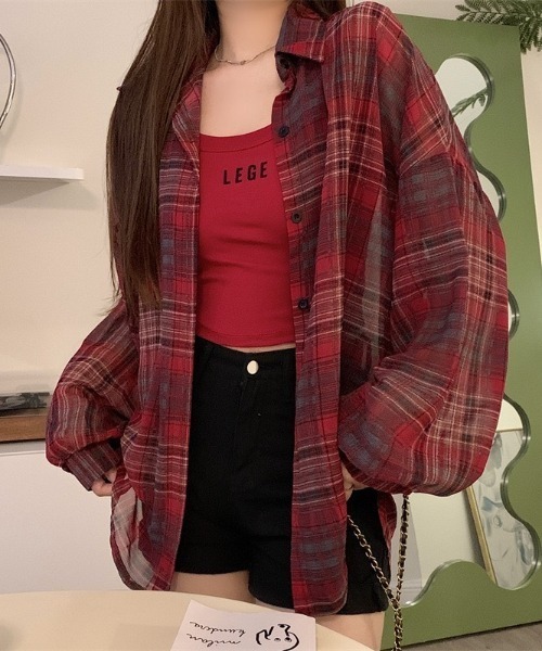 yuue' ( wear )(ユーイ)の「チェック柄ルーズシアーシャツ(シャツ/ブラウス・レディース・レッド/ホワイト/ブラック/ベージュ・FREE)」の5枚目の写真