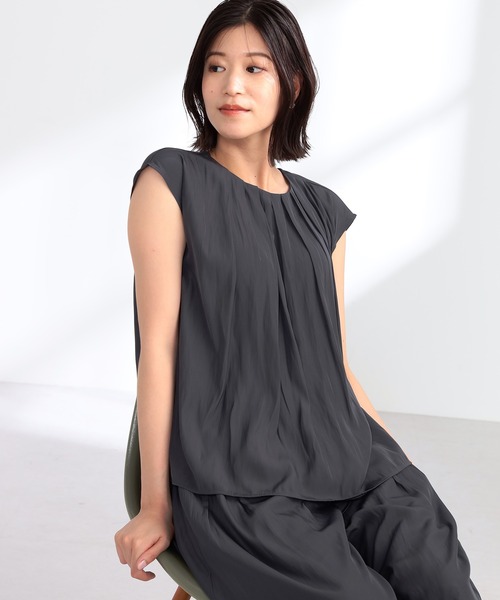 GALLORIA(ギャローリア)の「セットアップで着られる サテンブラウス(シャツ/ブラウス・レディース・ブルーグリーン/チャコール・S/M/L/LL)」の1枚目の写真