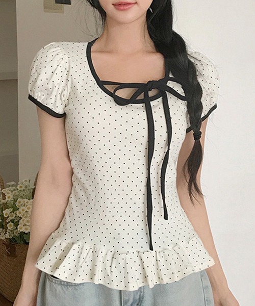 セール】フロントリボン ドット柄トップス 裾フリル付（Tシャツ