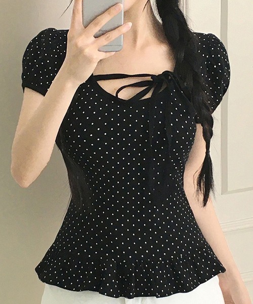フロントリボン ドット柄トップス 裾フリル付（Tシャツ/カットソー