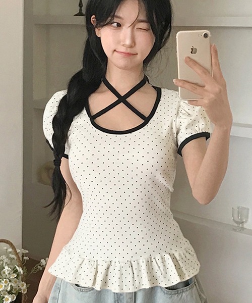 WESTSEA(ウエストシー)の「フロントリボン ドット柄トップス 裾フリル付(Tシャツ/カットソー・レディース・チャコール/オフホワイト/ブラック・M/L)」の11枚目の写真