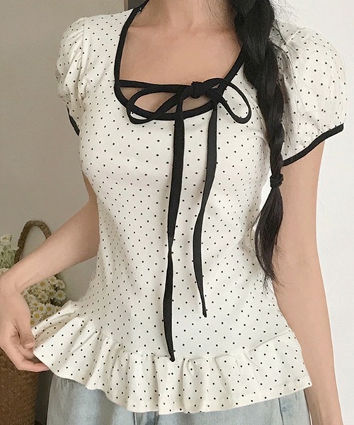 フロントリボン ドット柄トップス 裾フリル付（Tシャツ